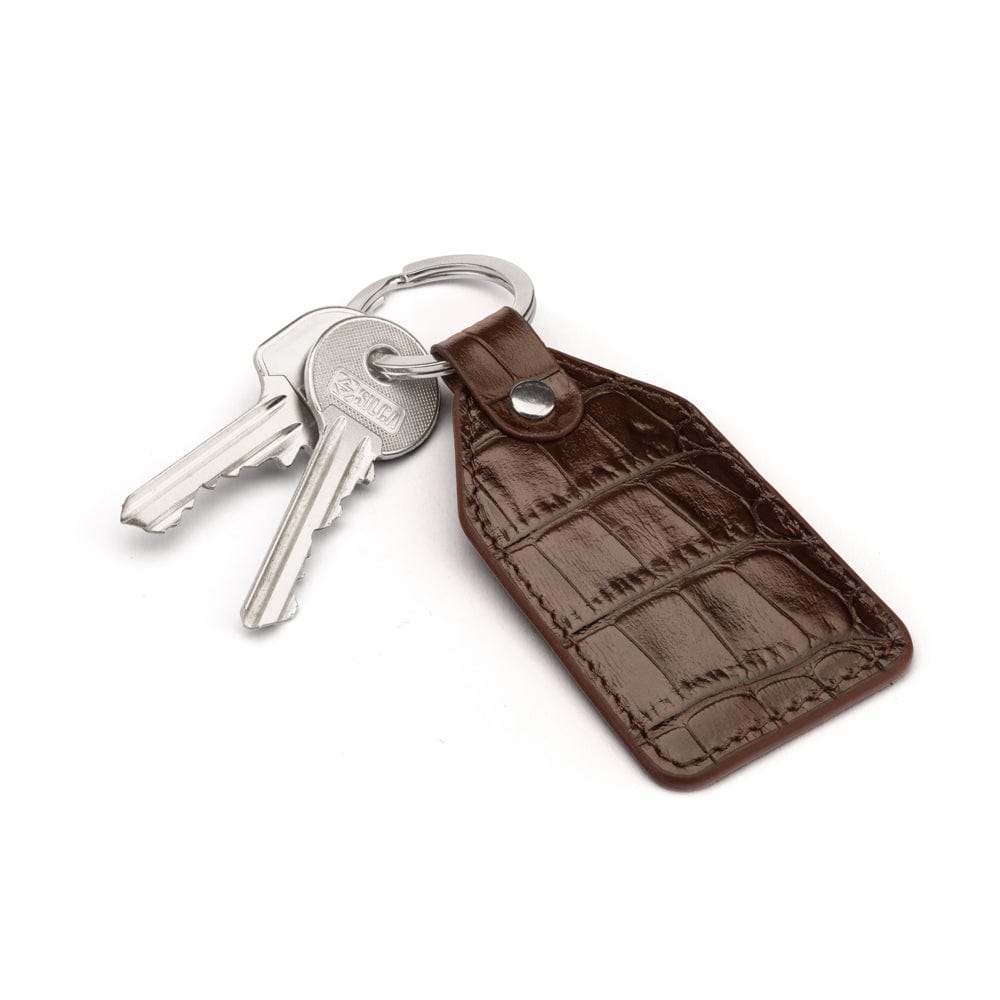 Rectangular leather key fob, brown croc, front view