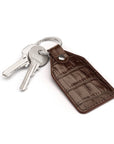 Rectangular leather key fob, brown croc, front view