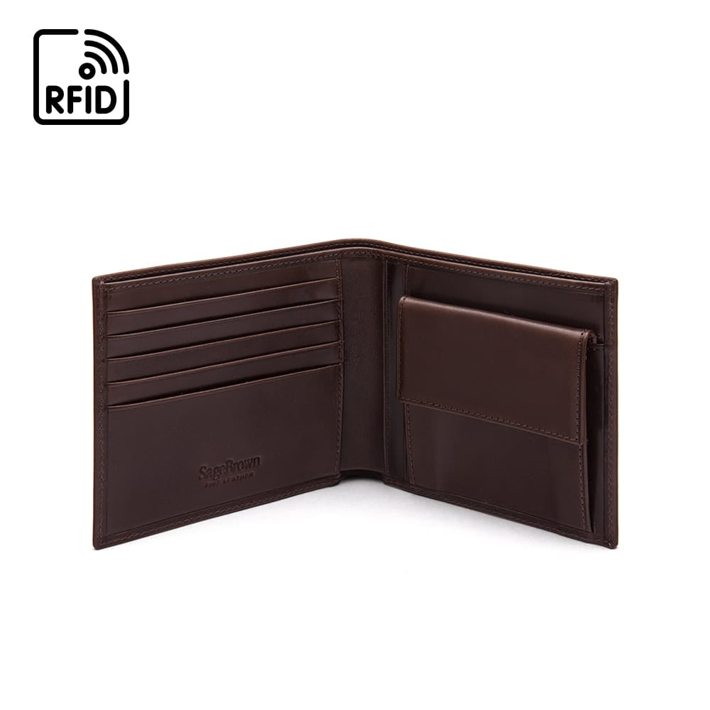 RFID leather wallet with coin purse, brown, open