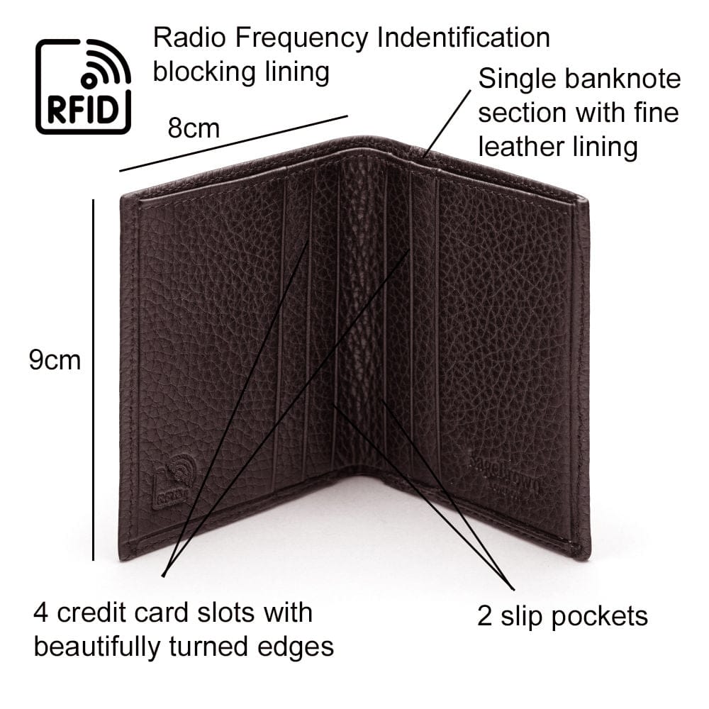 RFID leather wallet with 4 CC, brown, dimensions