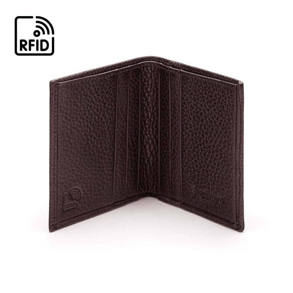 RFID leather wallet with 4 CC, brown, open view