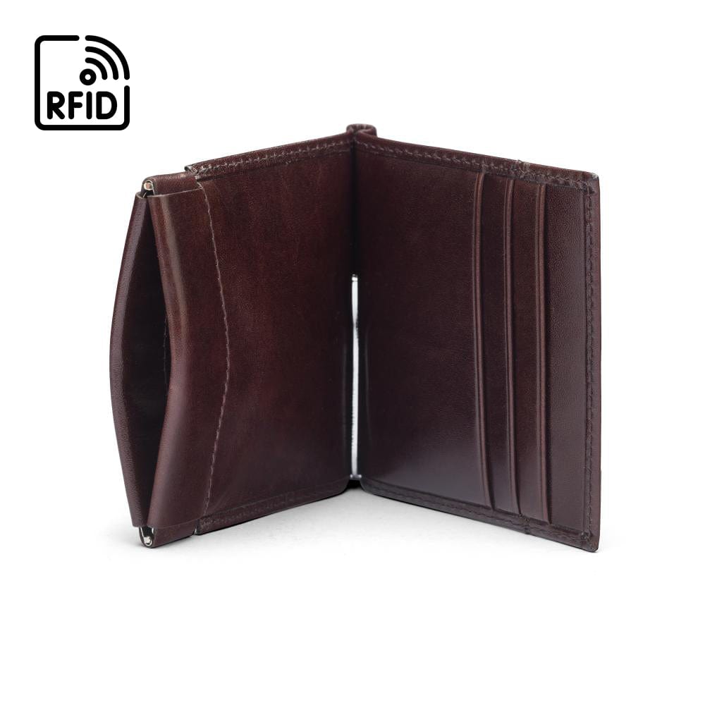 Leather money clip wallet with coin purse, brown, open