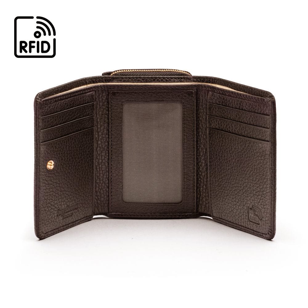 RFID blocking leather tri-fold purse, brown, inside