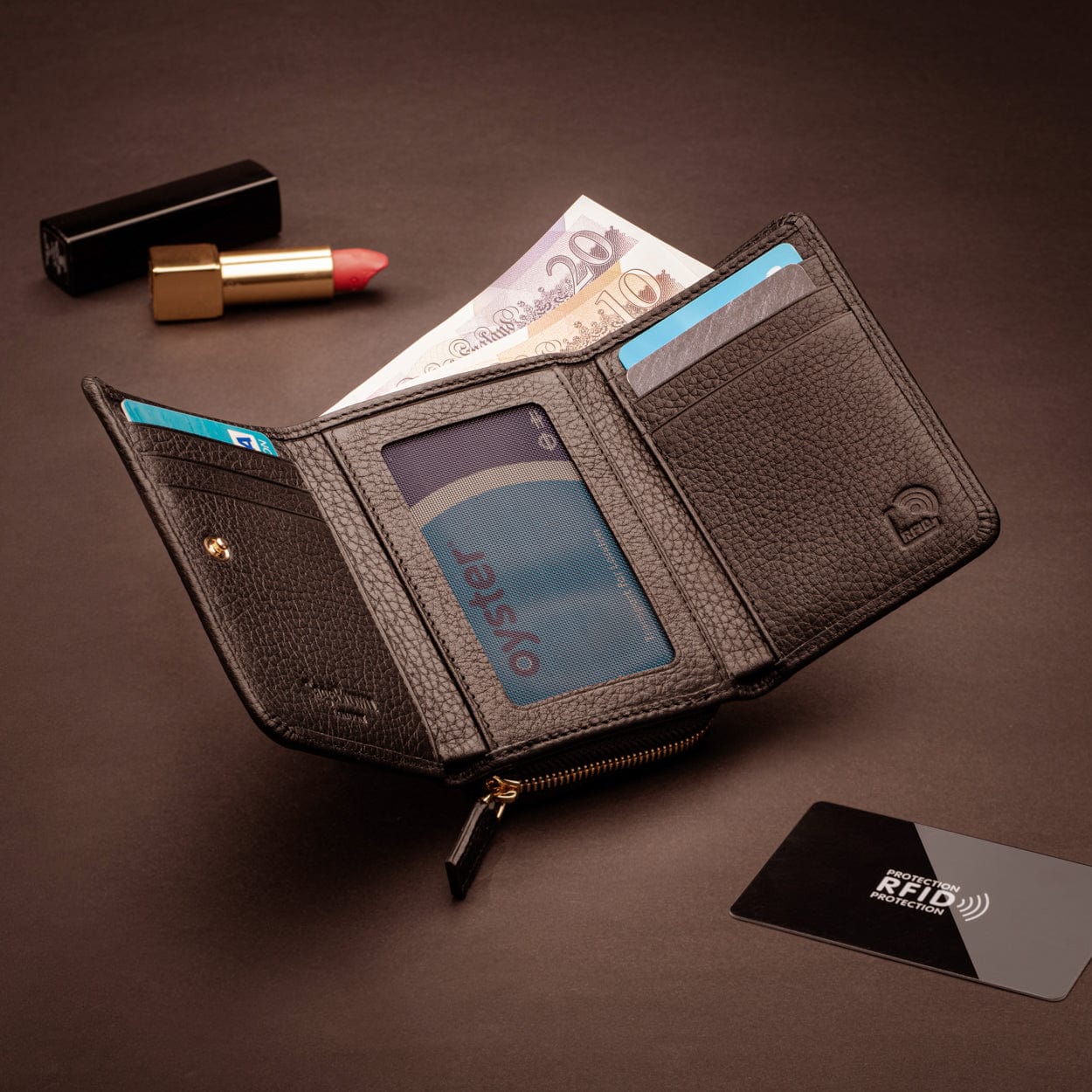 RFID blocking leather tri-fold purse, brown, lifestyle