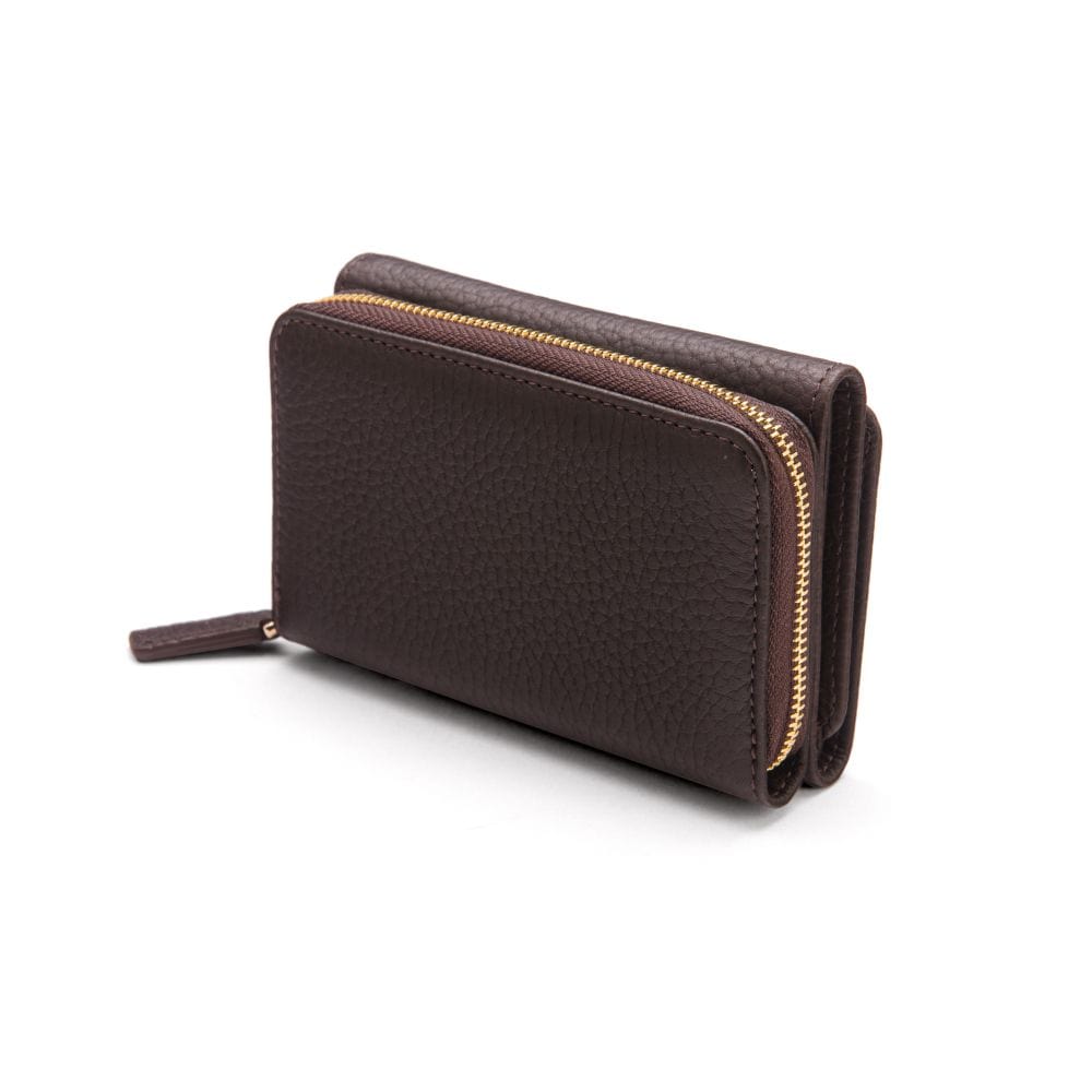 RFID blocking leather tri-fold purse, brown, side