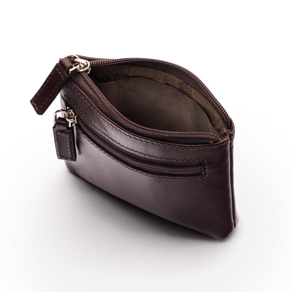 RFID Small leather zip coin pouch, brown, inside