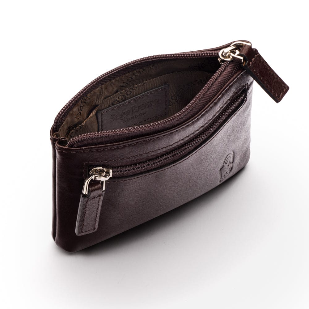 RFID Small leather zip coin pouch, brown, open