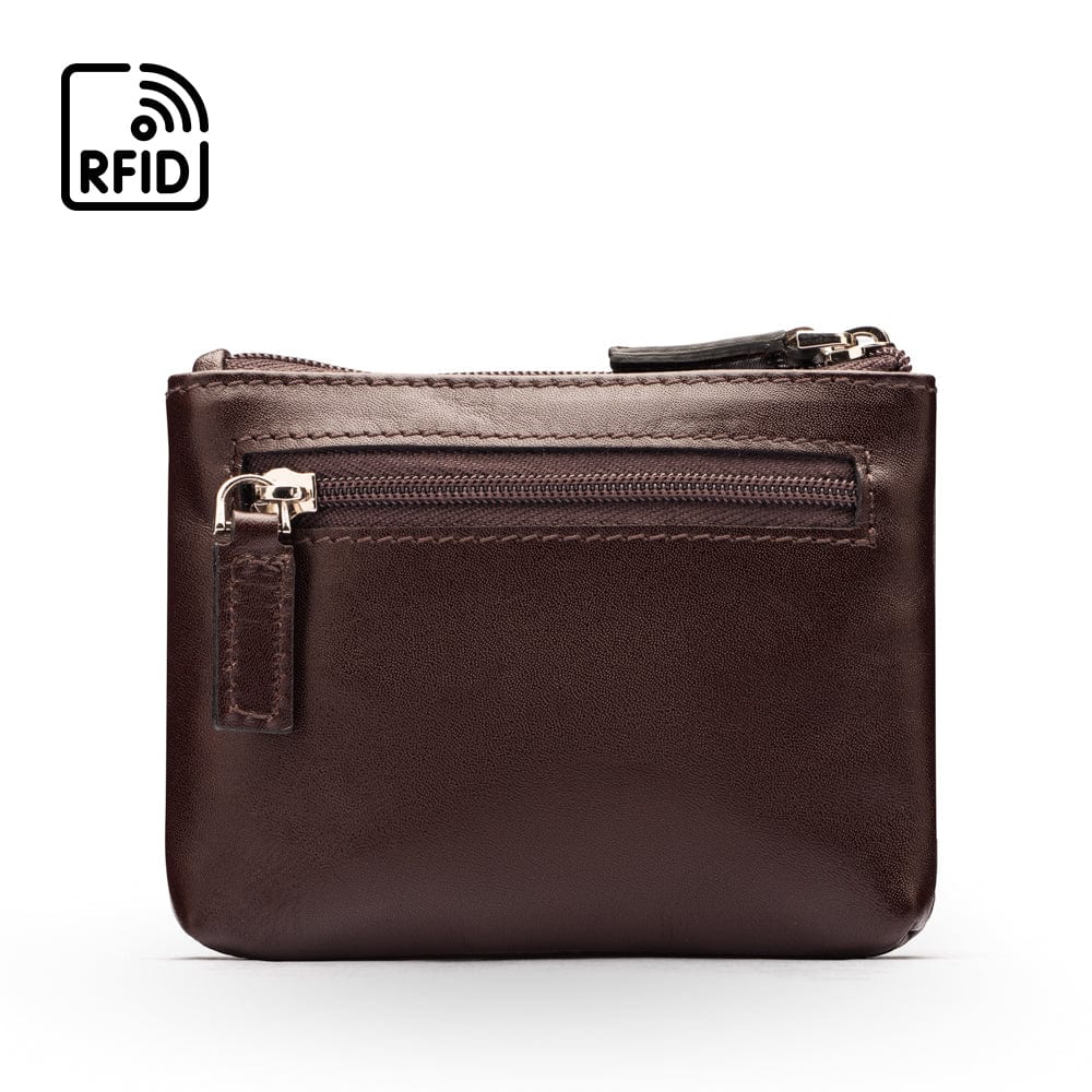 RFID Small leather zip coin pouch, brown, front view
