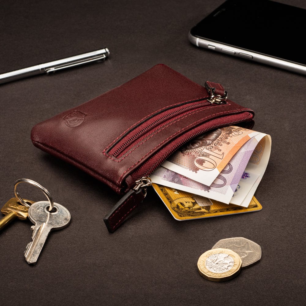 RFID Small leather zip coin pouch, dark tan, lifestyle