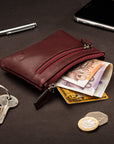 RFID Small leather zip coin pouch, dark tan, lifestyle