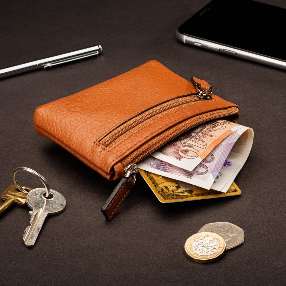 RFID Small leather zip coin pouch, tan pebble grain, lifestyle