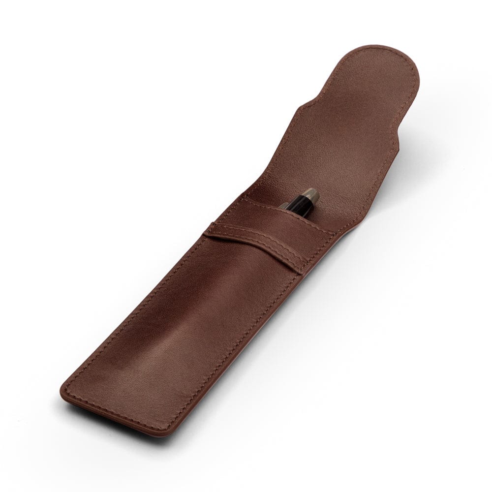 Single leather pen case, brown, open