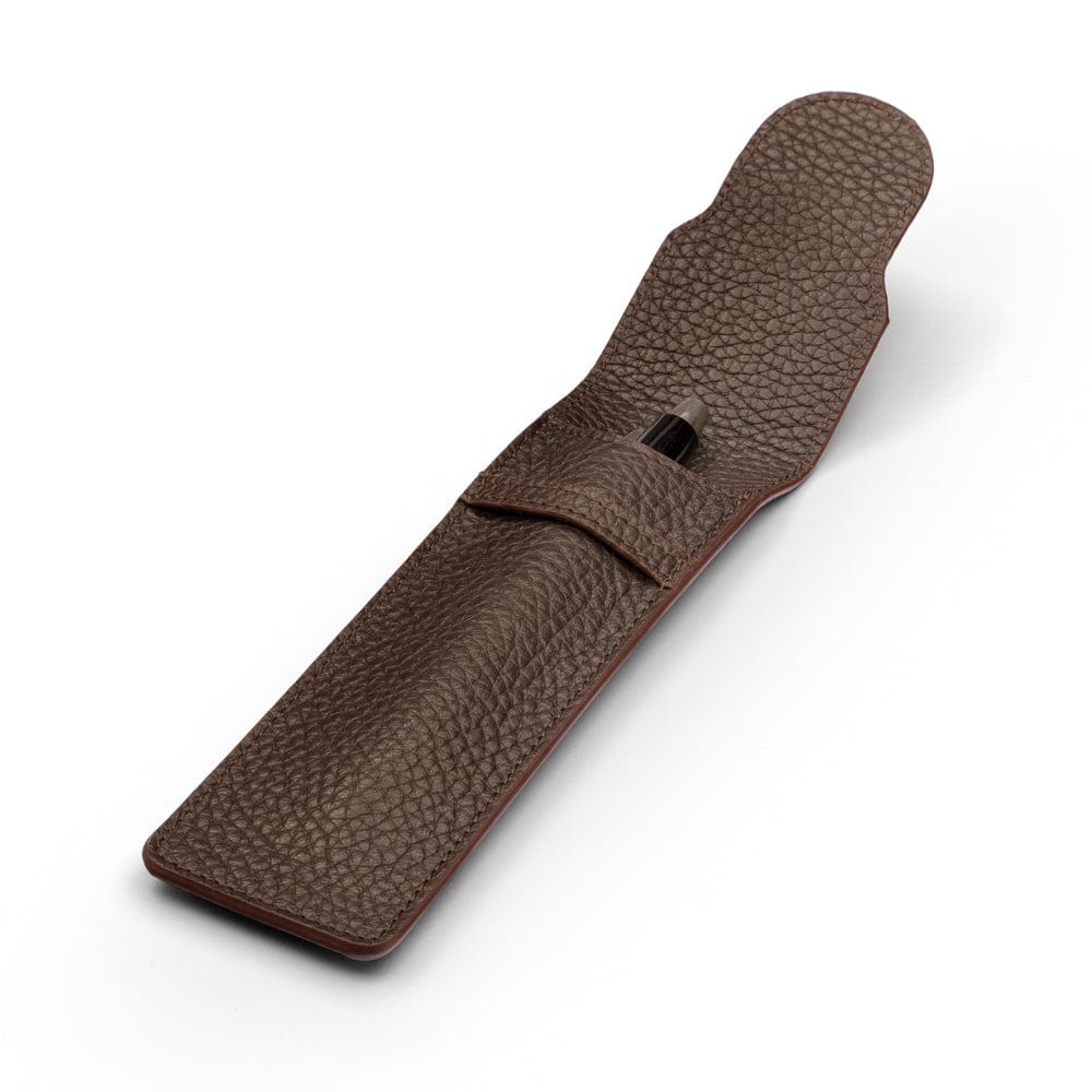Single leather pen case, brown pebble grain, open