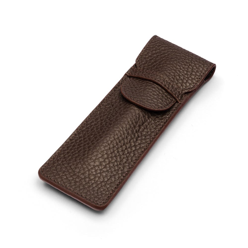 Single leather pen case, brown pebble grain, front