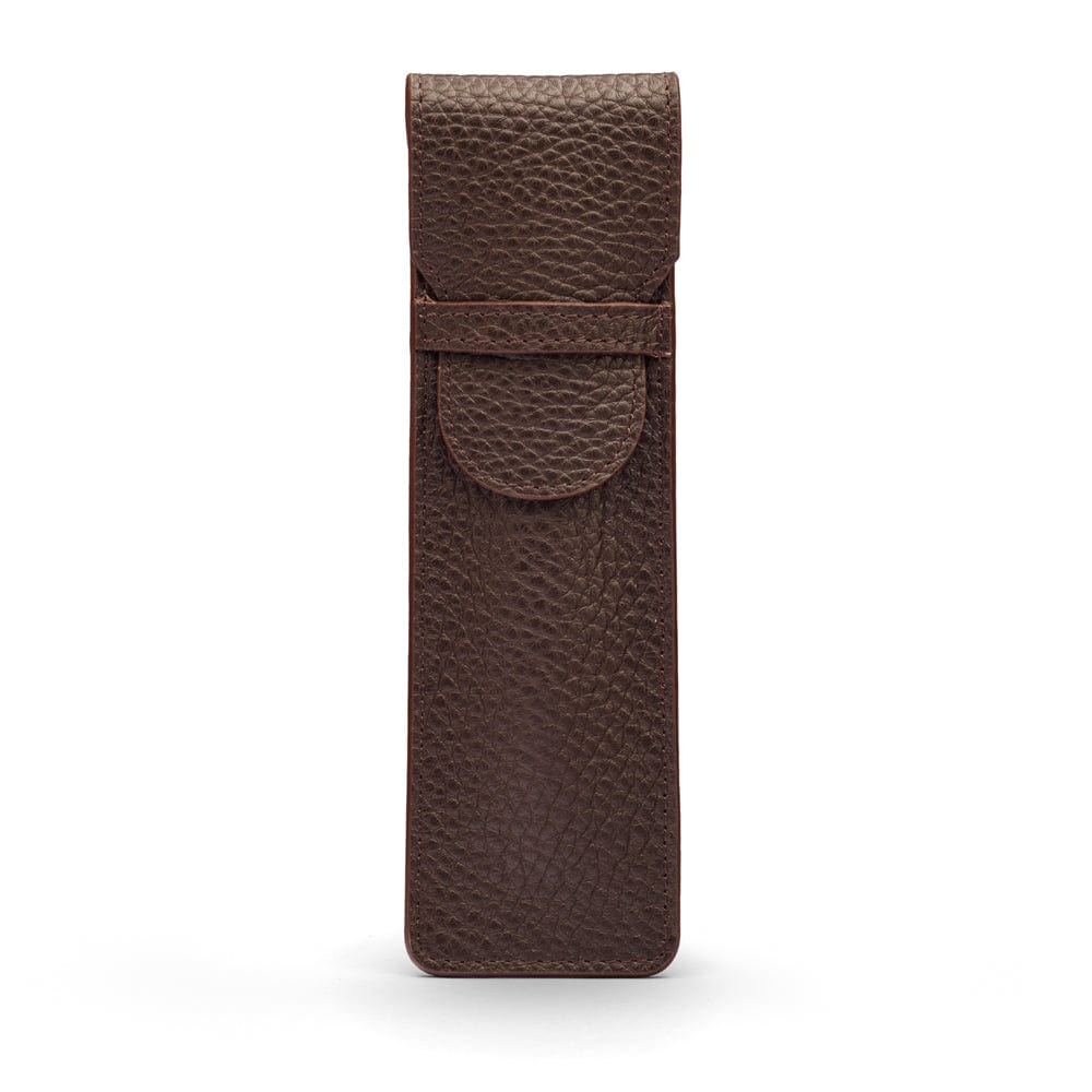 Single leather pen case, brown pebble grain, front view