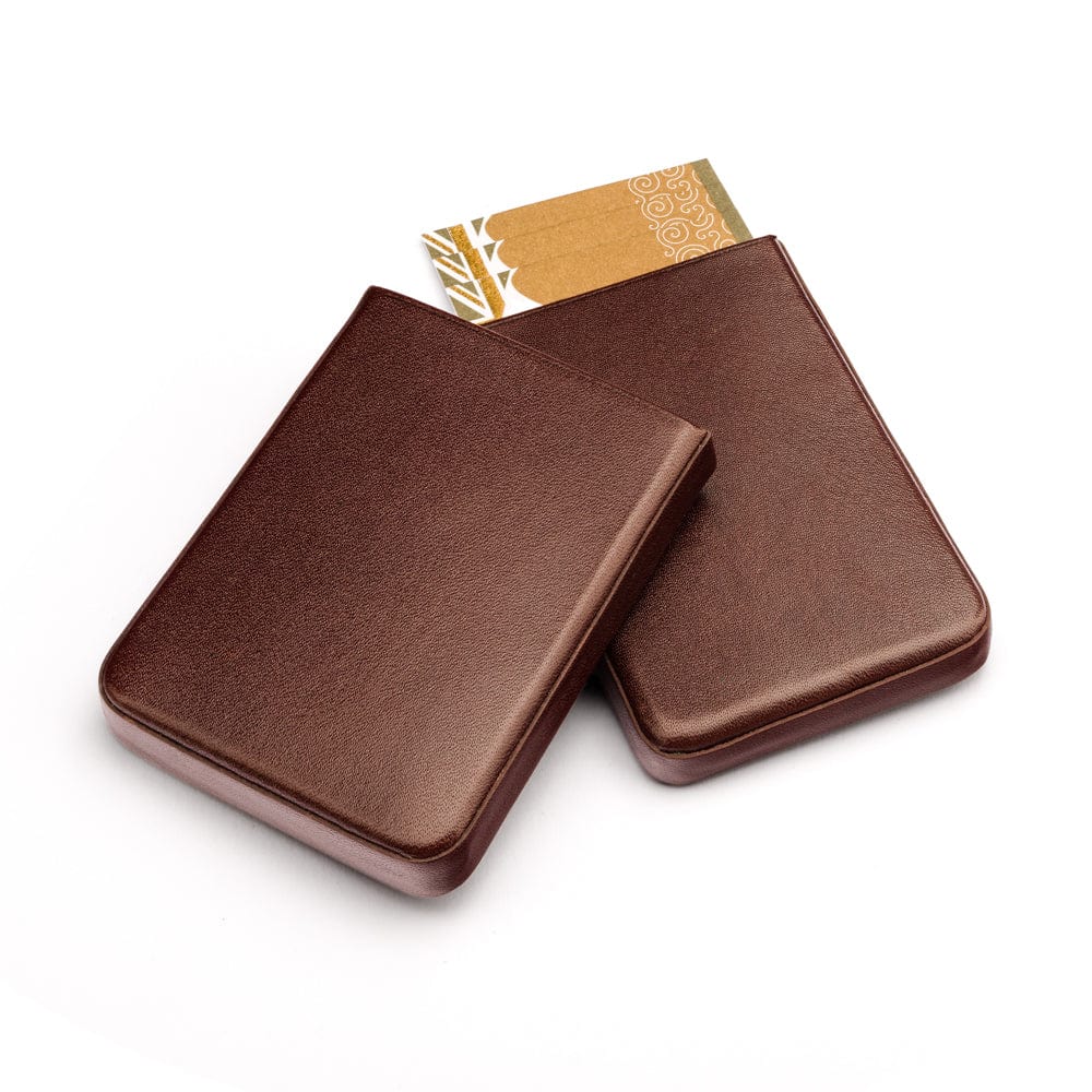 Pull apart business card holder, brown, open