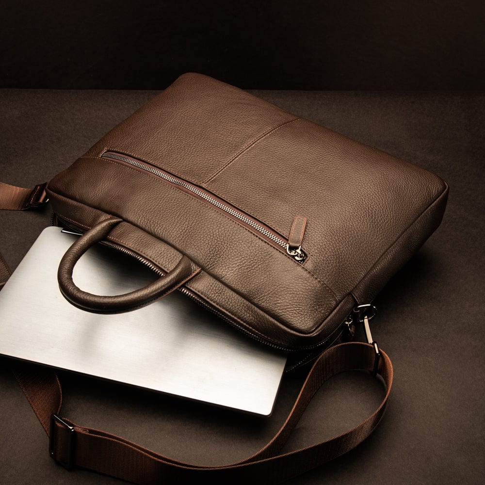 17" slim leather laptop bag, brown, lifestyle