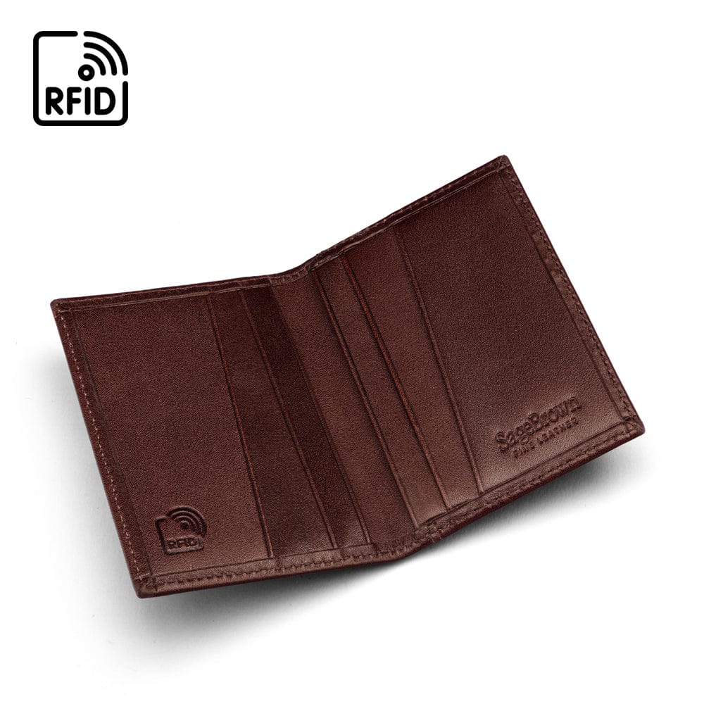 RFID leather credit card holder, brown, open view