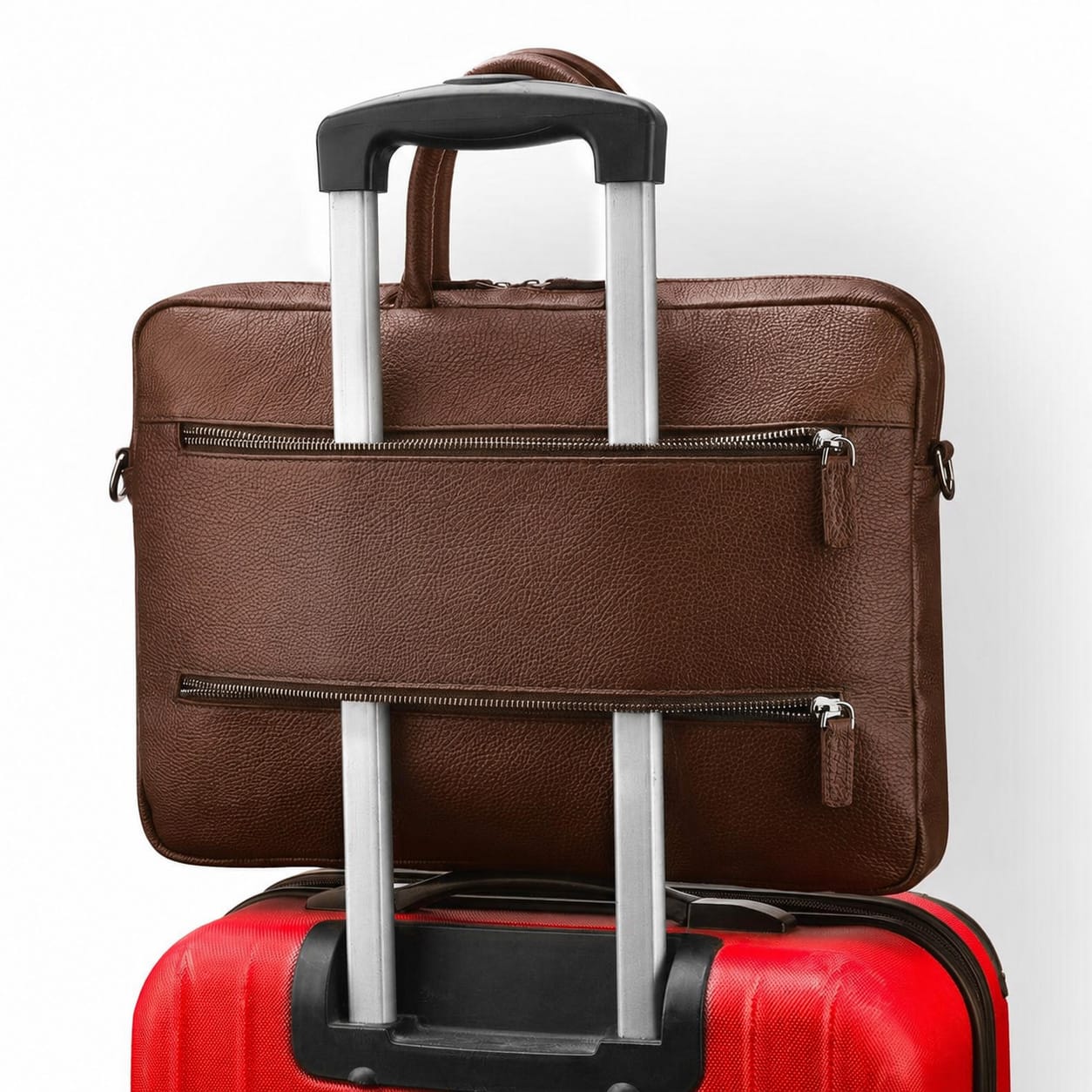 Slim Leather Laptop Bag for 15-inch Laptops, brown, back of trolley