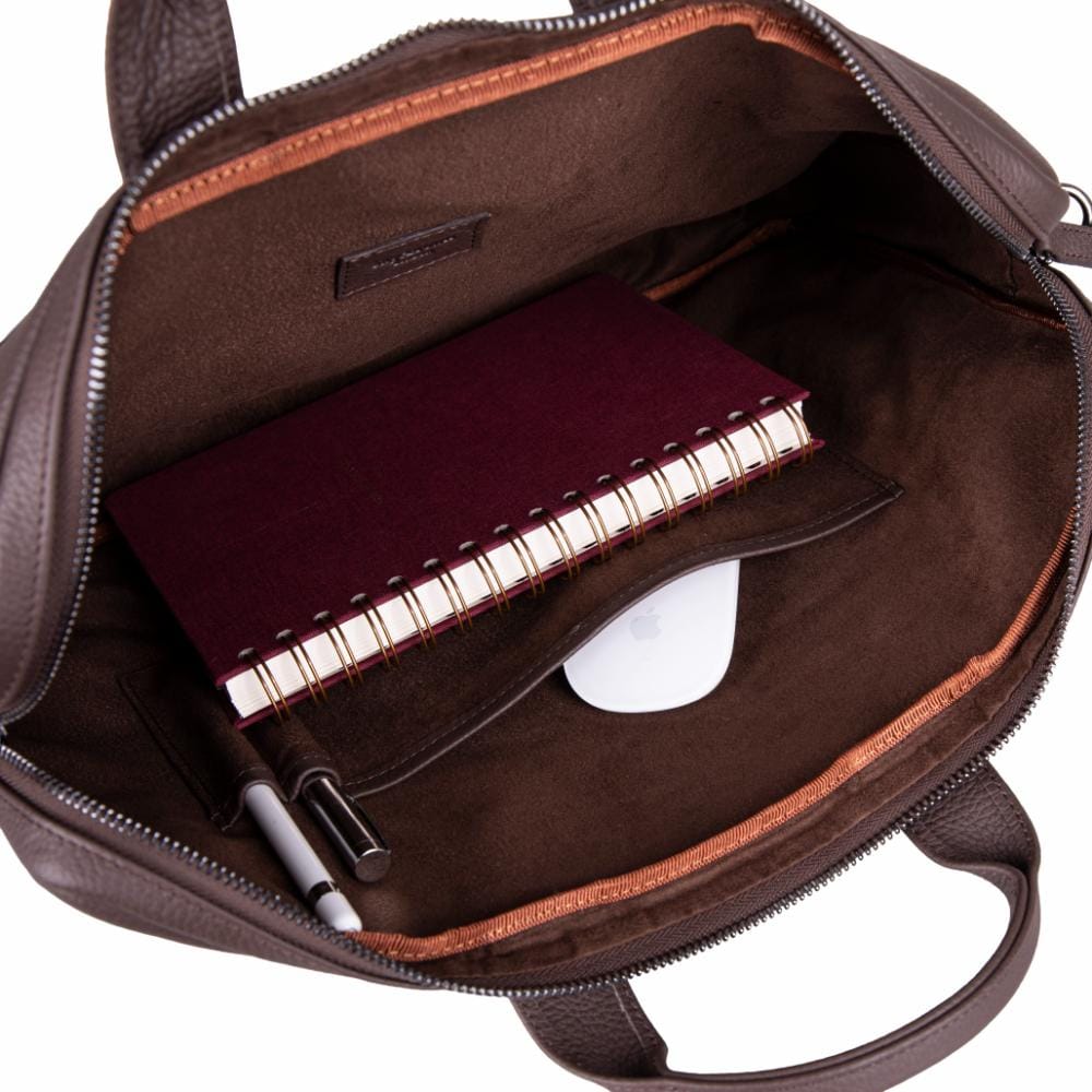 Slim Leather Laptop Bag for 15-inch Laptops, brown, inside