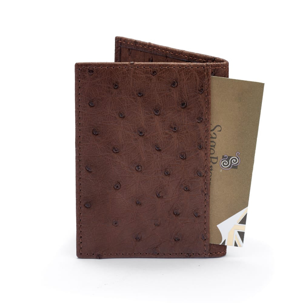 Slim Real Ostrich Leather Bifold Card Wallet with RFID, brown, back