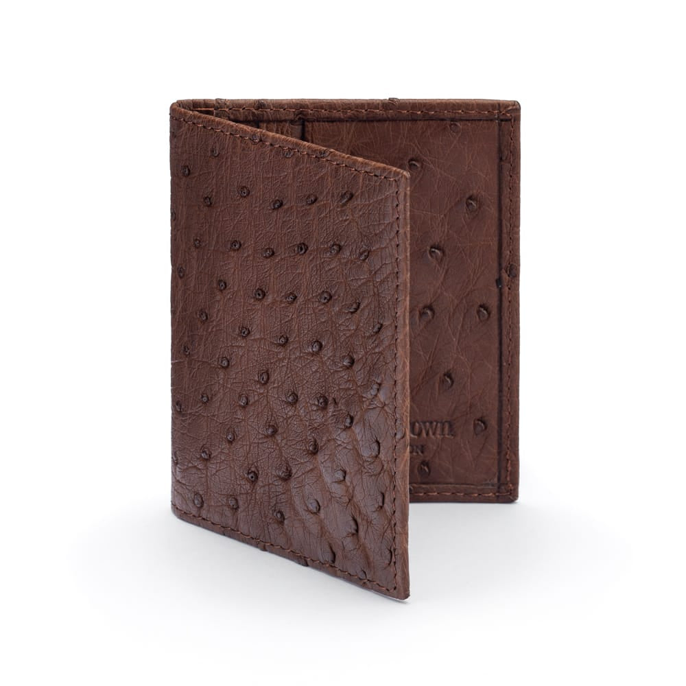 Slim Real Ostrich Leather Bifold Card Wallet with RFID, brown, front
