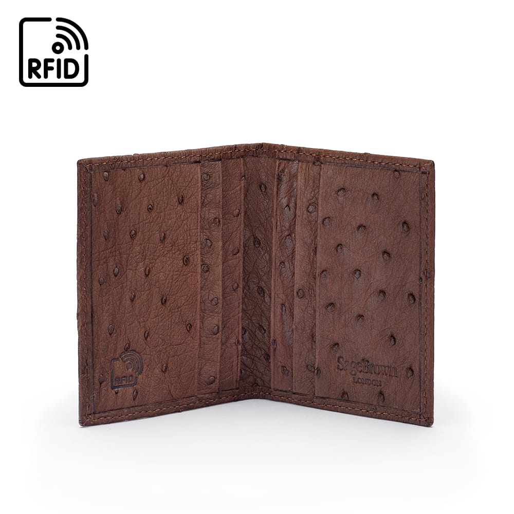 Slim Real Ostrich Leather Bifold Card Wallet with RFID, brown, inside