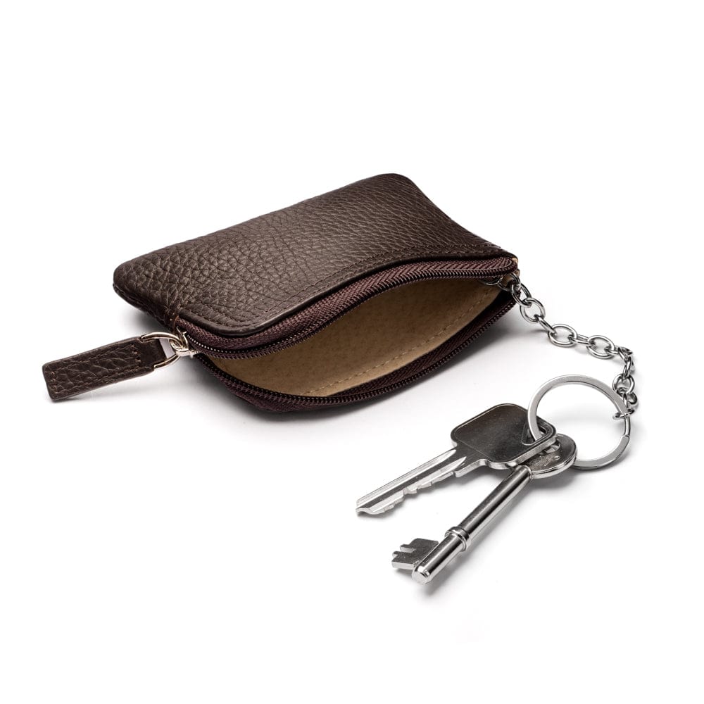 Small leather coin purse with key chain, brown, inside