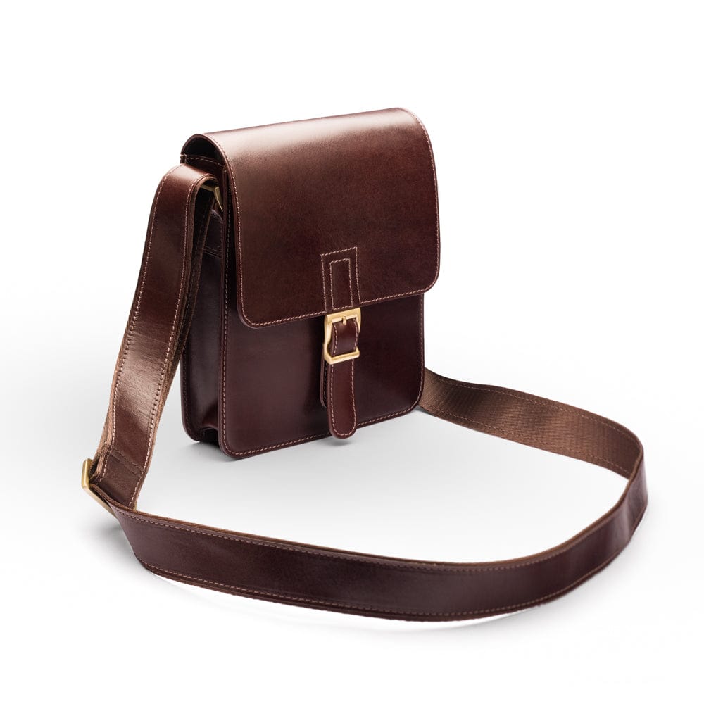 Small leather messenger bag, brown, side