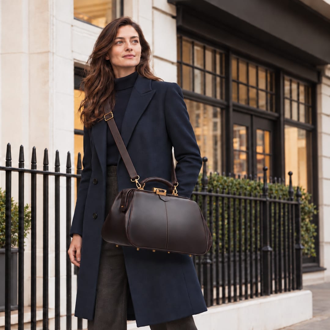 Small leather Gladstone doctor's bag, brown, lifestyle, worn cross body