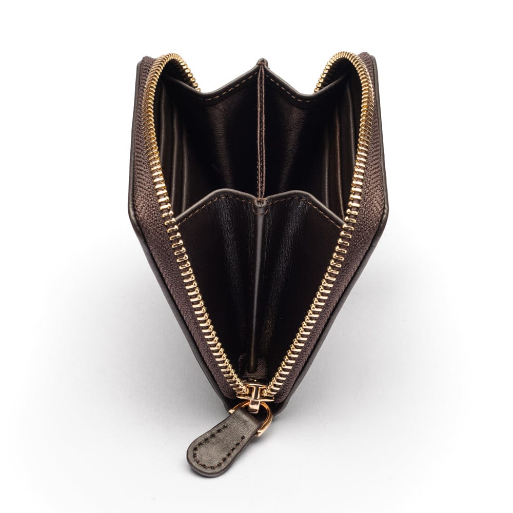 Small zip around woven leather accordion purse, brown, side