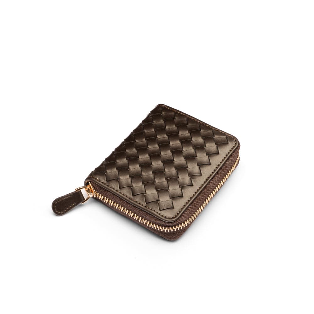 Small zip around woven leather accordion purse, brown, front