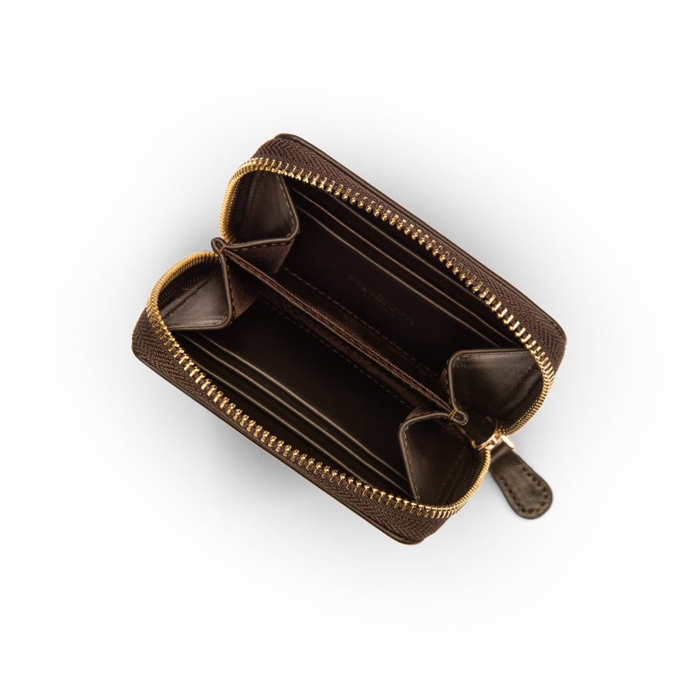 Small zip around woven leather accordion purse, brown, open