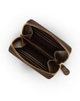 Small zip around woven leather accordion purse, brown, open