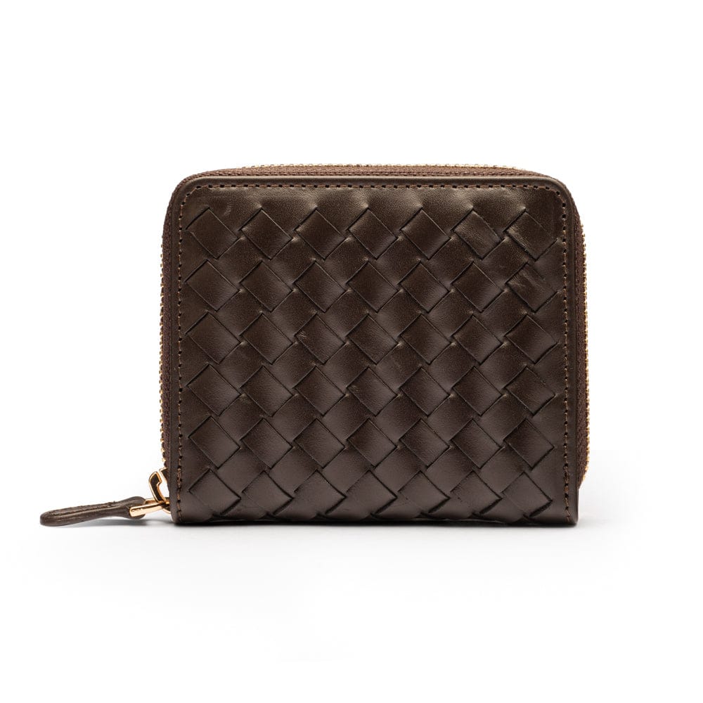 Small zip around woven leather accordion purse, brown, back