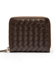 Small zip around woven leather accordion purse, brown, back