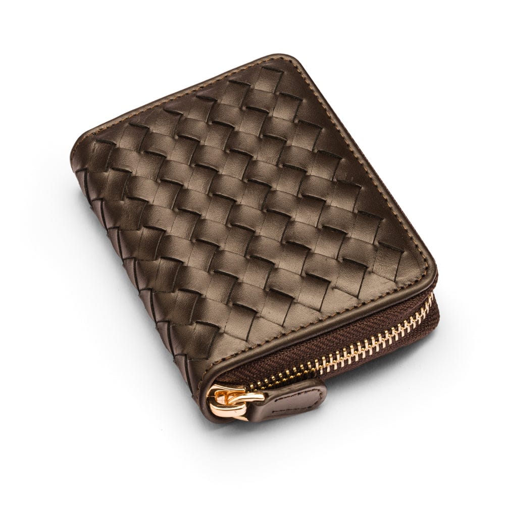 Small zip around woven leather accordion purse, brown