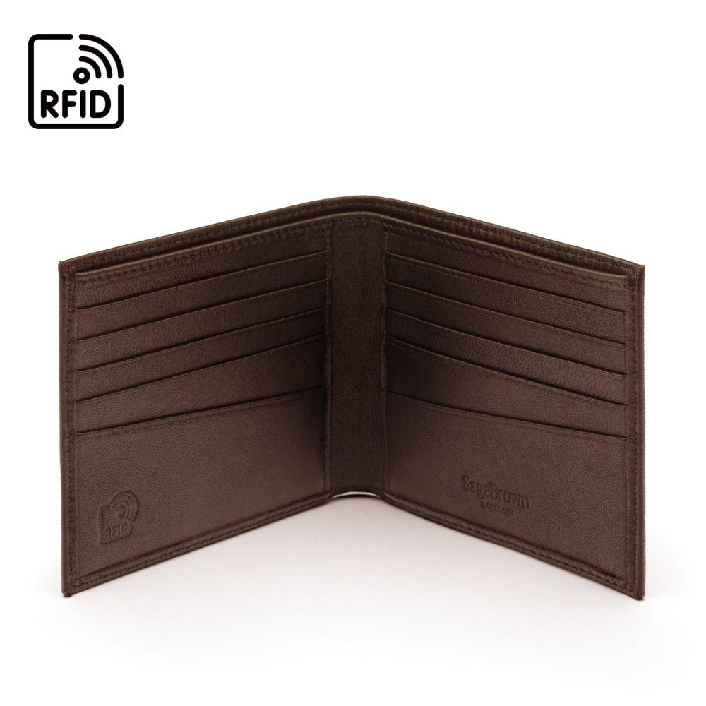Brown Soft Leather Classic Billfold Wallet With 10 CC, open