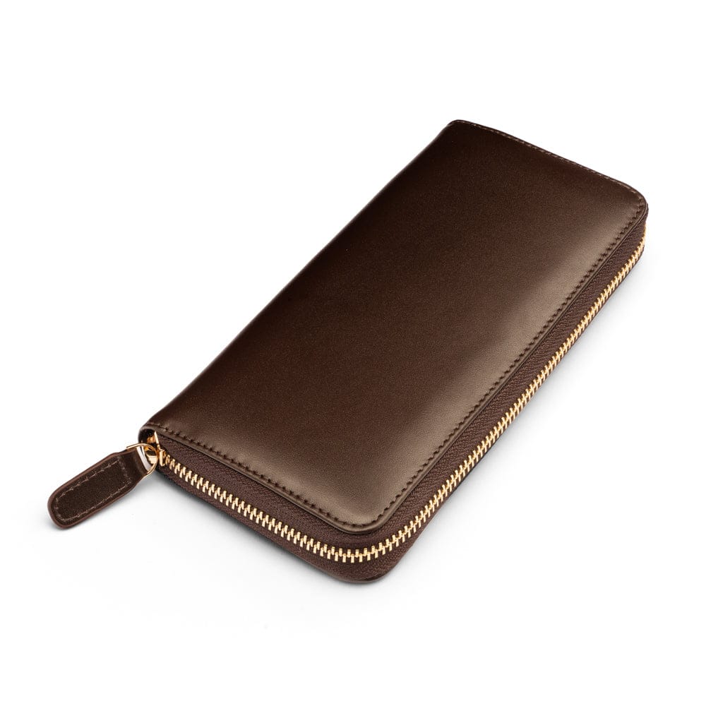 Tall leather zip around accordion purse, brown, front