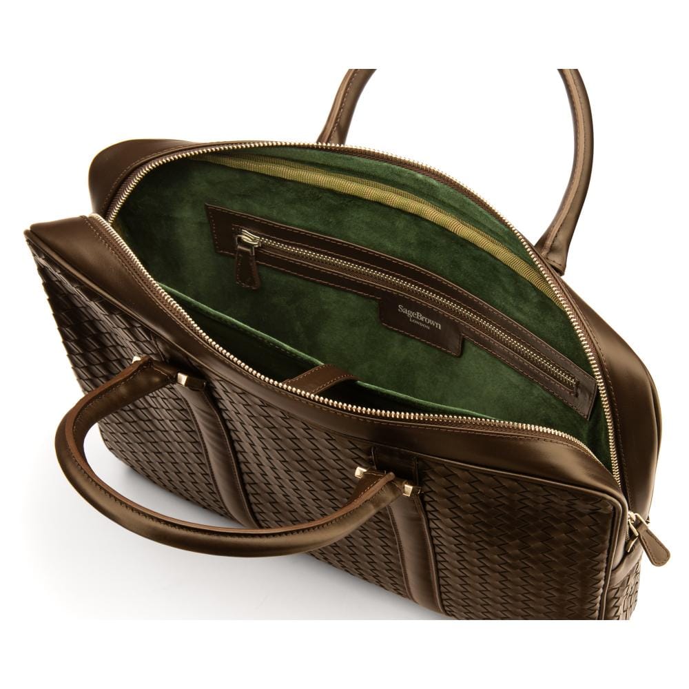 The Tressé leather laptop bag, brown woven, inside