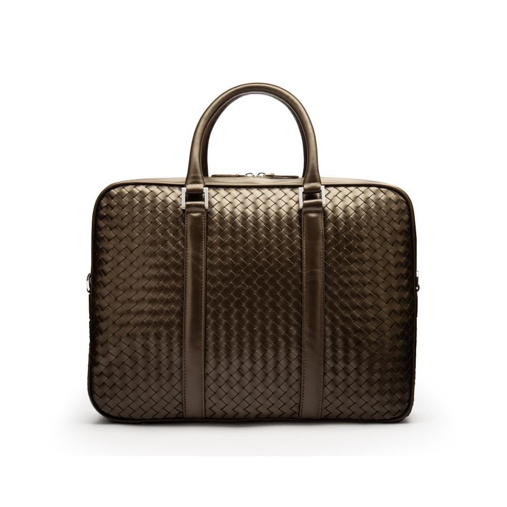 The Tressé leather laptop bag, brown woven, front
