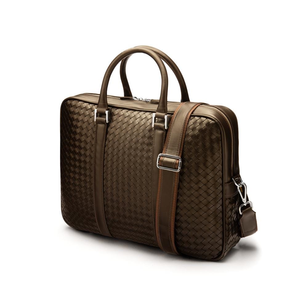 The Tressé leather laptop bag, brown woven, with shoulder strap