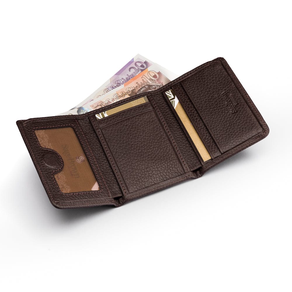 Trifold leather wallet with id, brown, inside