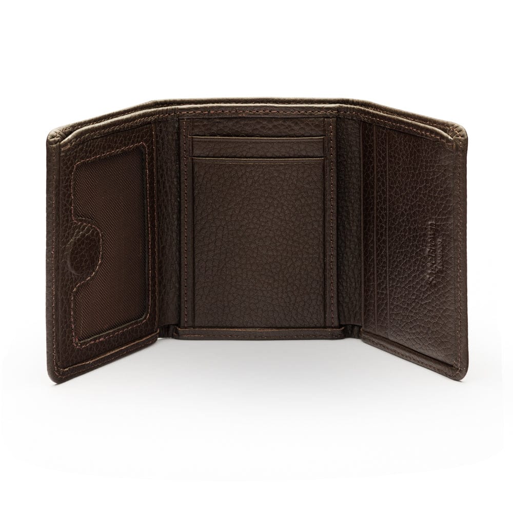 Trifold leather wallet with id, brown, open