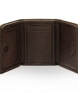 Trifold leather wallet with id, brown, open