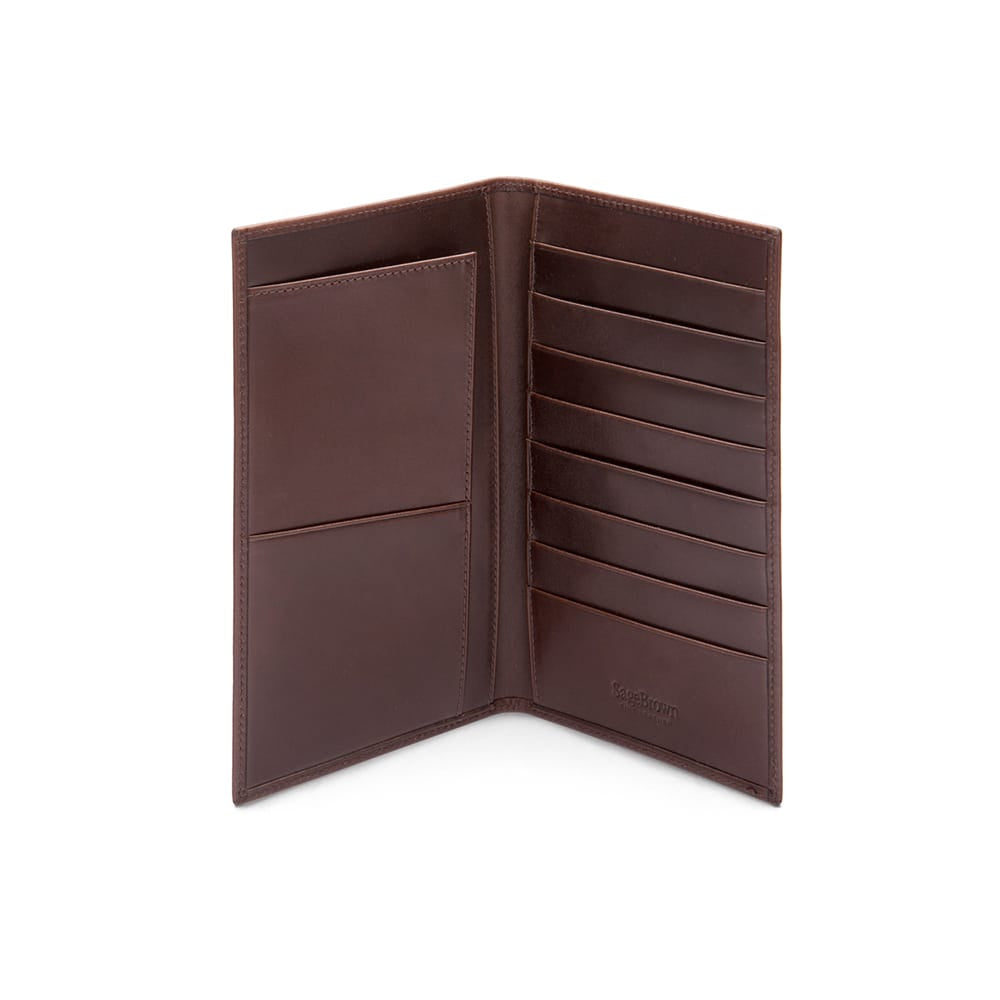 Slim tall leather suit wallet, brown, open