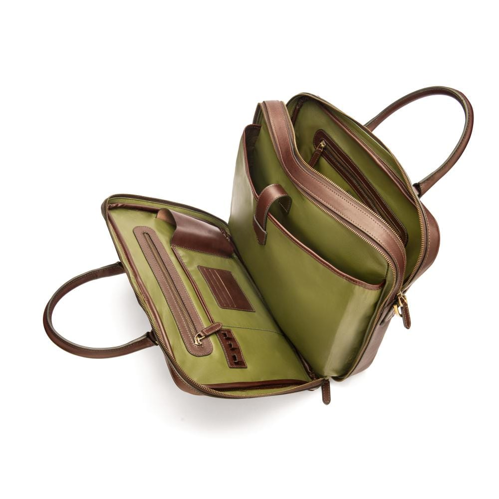 Leather 17" laptop briefcase, brown, inside