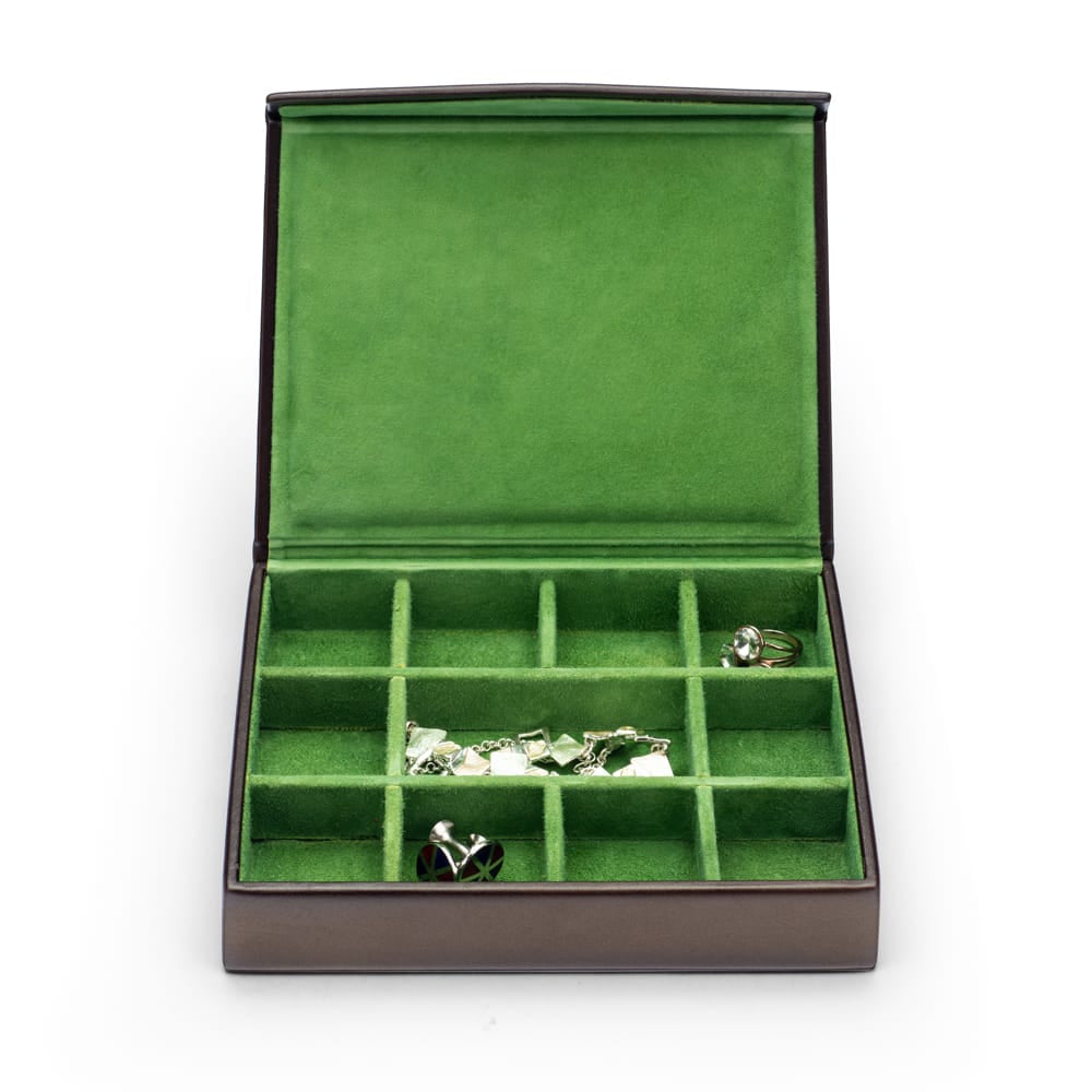 Large Leather Cufflink And Jewellery Box, Brown With Green, open