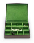 Large Leather Cufflink And Jewellery Box, Brown With Green, open