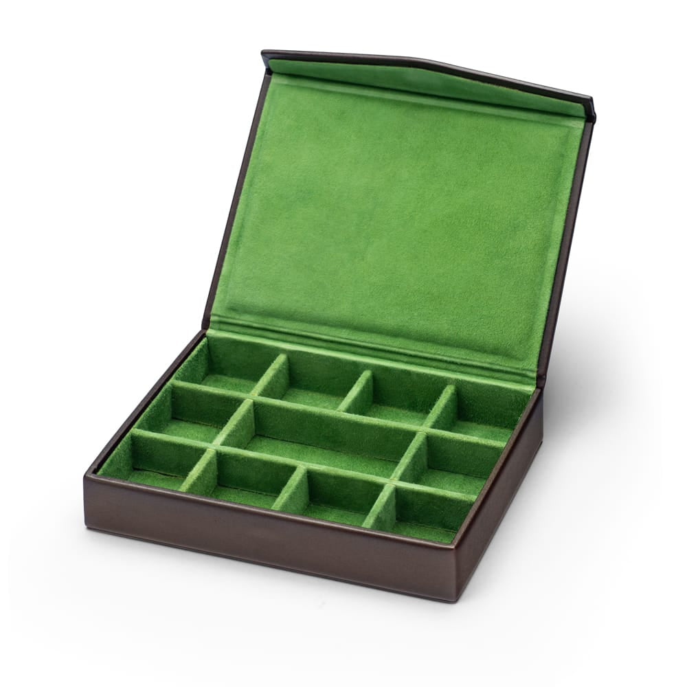 Large Leather Cufflink And Jewellery Box, Brown With Green, inside